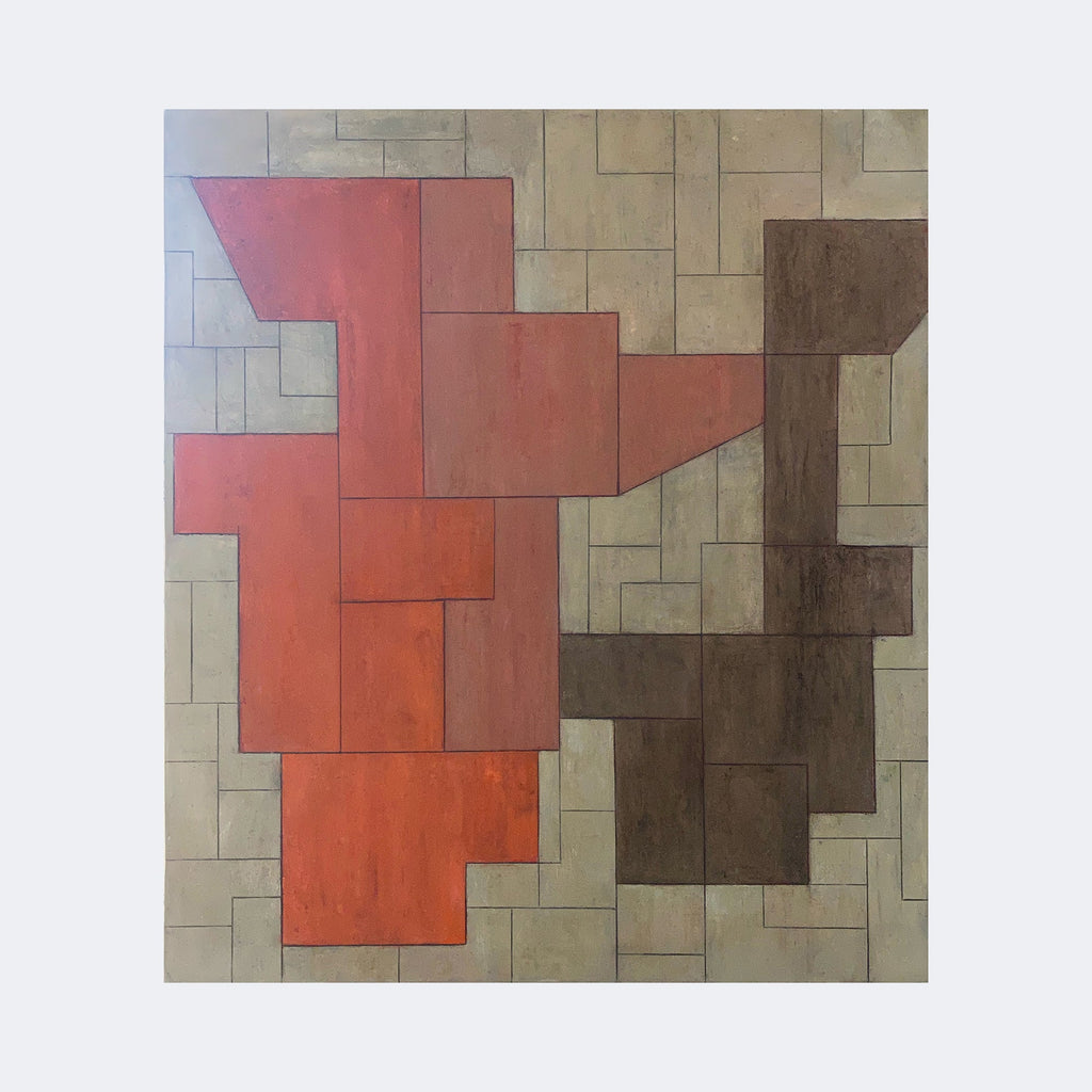The artwork "Shapes of Things Study 2" by Stephen Cimini features an abstract composition of interlocking geometric shapes in warm red and brown tones against a muted beige grid-like background. The textured surface and layered forms evoke the style of Paul Klee and Josef Albers, blending minimalist abstraction with a modernist aesthetic.