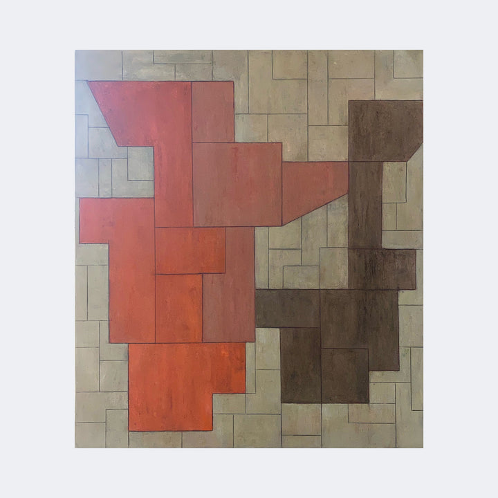 The artwork "Shapes of Things Study 2" by Stephen Cimini features an abstract composition of interlocking geometric shapes in warm red and brown tones against a muted beige grid-like background. The textured surface and layered forms evoke the style of Paul Klee and Josef Albers, blending minimalist abstraction with a modernist aesthetic.