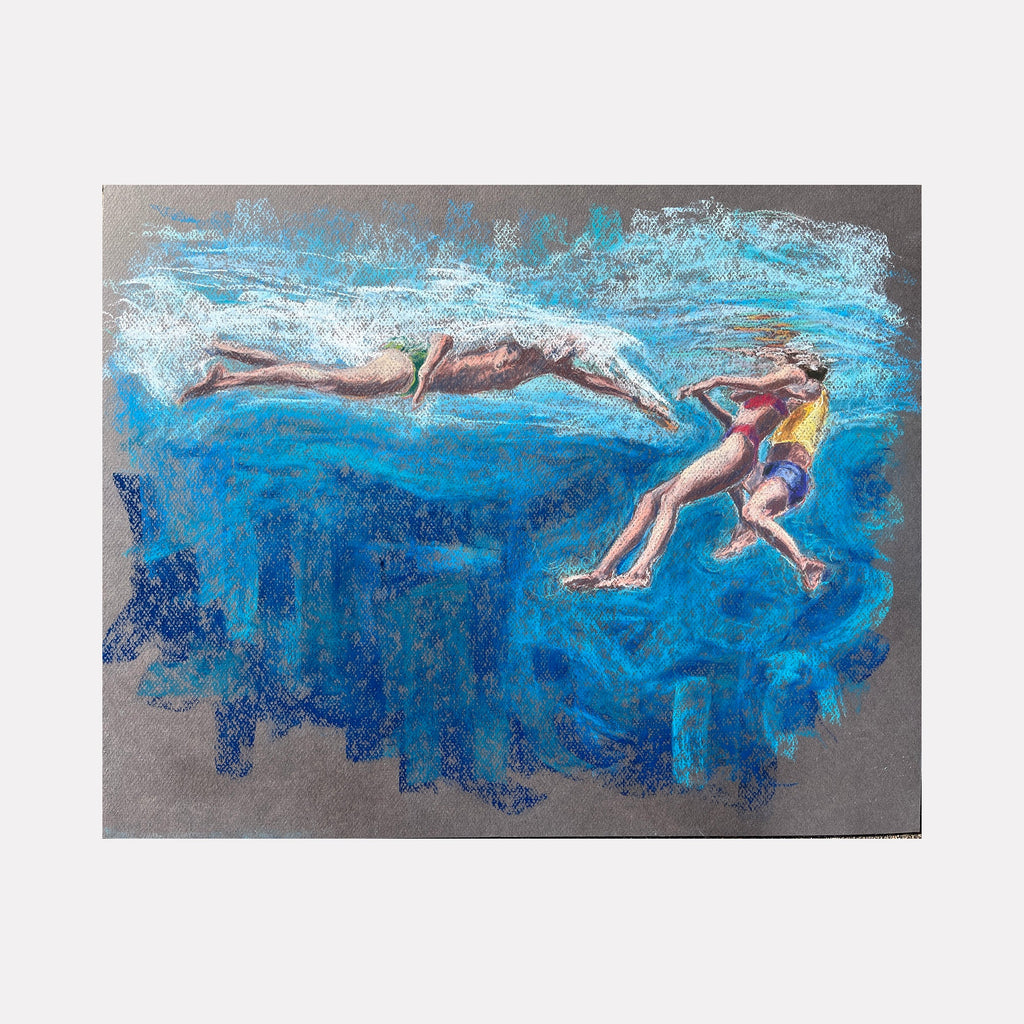 The artwork "Shark Tank" by Jo Carol Mitchell-Rogers depicts three swimmers underwater with a textured blend of blues and whites creating a dynamic ocean scene. The style features expressive, impressionistic brushstrokes reminiscent of Edgar Degas' fluid depiction of movement and water, capturing human forms in motion with a vivid, painterly quality.