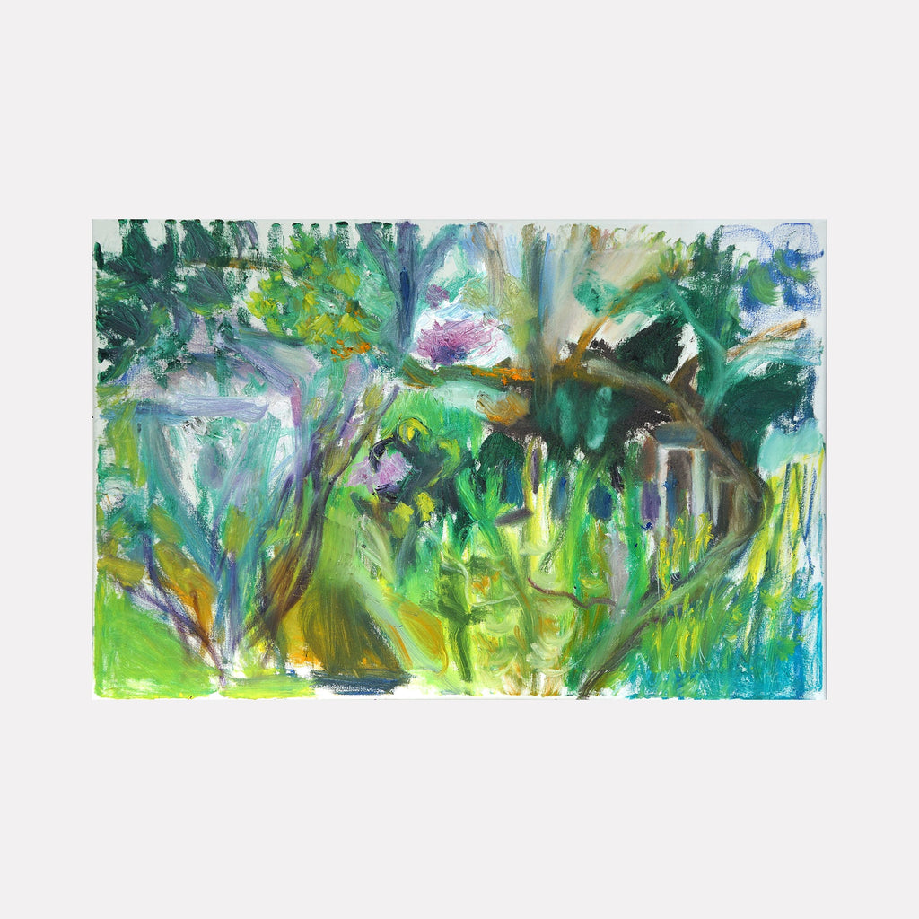 The artwork "Lilac House" by Maureen Shea features an abstract garden scene with lush greenery and soft lilac hues, blending fluid brushstrokes and layered textures. The style evokes the impressionistic qualities of Claude Monet’s Water Lilies and the vibrant organic forms seen in Henri Matisse’s Fauvist works, creating a dynamic, immersive natural landscape.