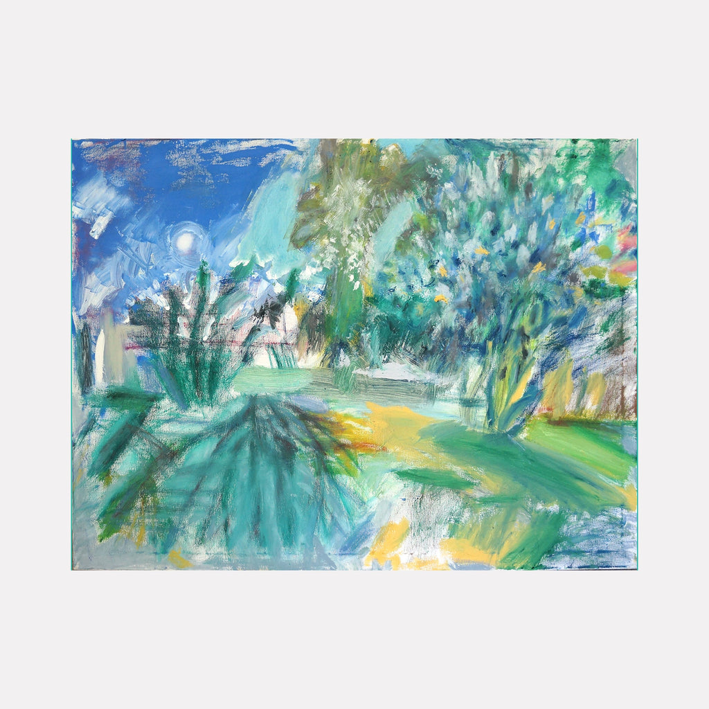 The artwork "Moonlight Hydrangea" by Maureen Shea features an impressionistic garden scene with lush hydrangea bushes rendered in vibrant greens, blues, and touches of yellow under a glowing moonlit sky. The flowing brushstrokes and textured layers evoke styles reminiscent of Claude Monet’s Water Lilies series and the soft abstraction of Vincent van Gogh’s landscapes.