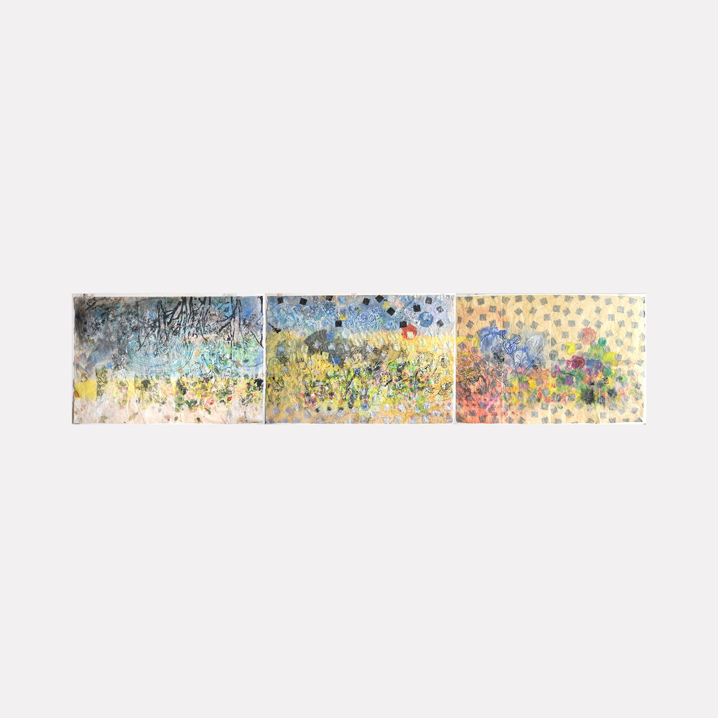 The artwork "Temperaca (tryptch)" by Maureen Shea showcases an abstract triptych featuring textured layers with a blend of blues, yellows, and muted earthy tones. The composition includes blurred floral and geometric elements, evoking a style reminiscent of Gerhard Richter's abstract expressions and the soft color palettes found in Claude Monet’s impressionist landscapes.