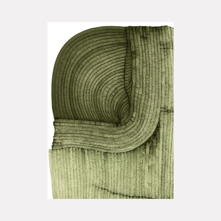 The artwork "Shell" by Alina Glotova features an abstract composition in layered shades of green with curved and linear textured forms resembling natural patterns. The subtle gradations and minimalist design evoke the organic abstraction seen in works by Agnes Martin and Ellsworth Kelly, blending tranquility with structured rhythm.