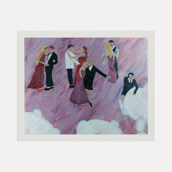 The artwork 'Shorts Everywhere' depicts dancing couples against a vibrant pink and purple background. Oil painting showcases elegant figures in formal attire, with flowing dresses in deep burgundy and black suits, creating a dynamic composition across white abstract forms. The 11x14 inch canvas captures movement and romance through loose brushstrokes and contrasting colors by Ali Ha.