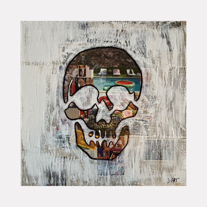 The artwork 'Showbiz' by Jean-Remi Barbier features a stylized skull rendered in mixed media and acrylic on a textured white background. The skull contains vibrant graffiti-style elements in teal, orange, and brown tones, creating a contemporary urban art aesthetic. The 24x24 inch piece combines street art influence with fine art techniques.