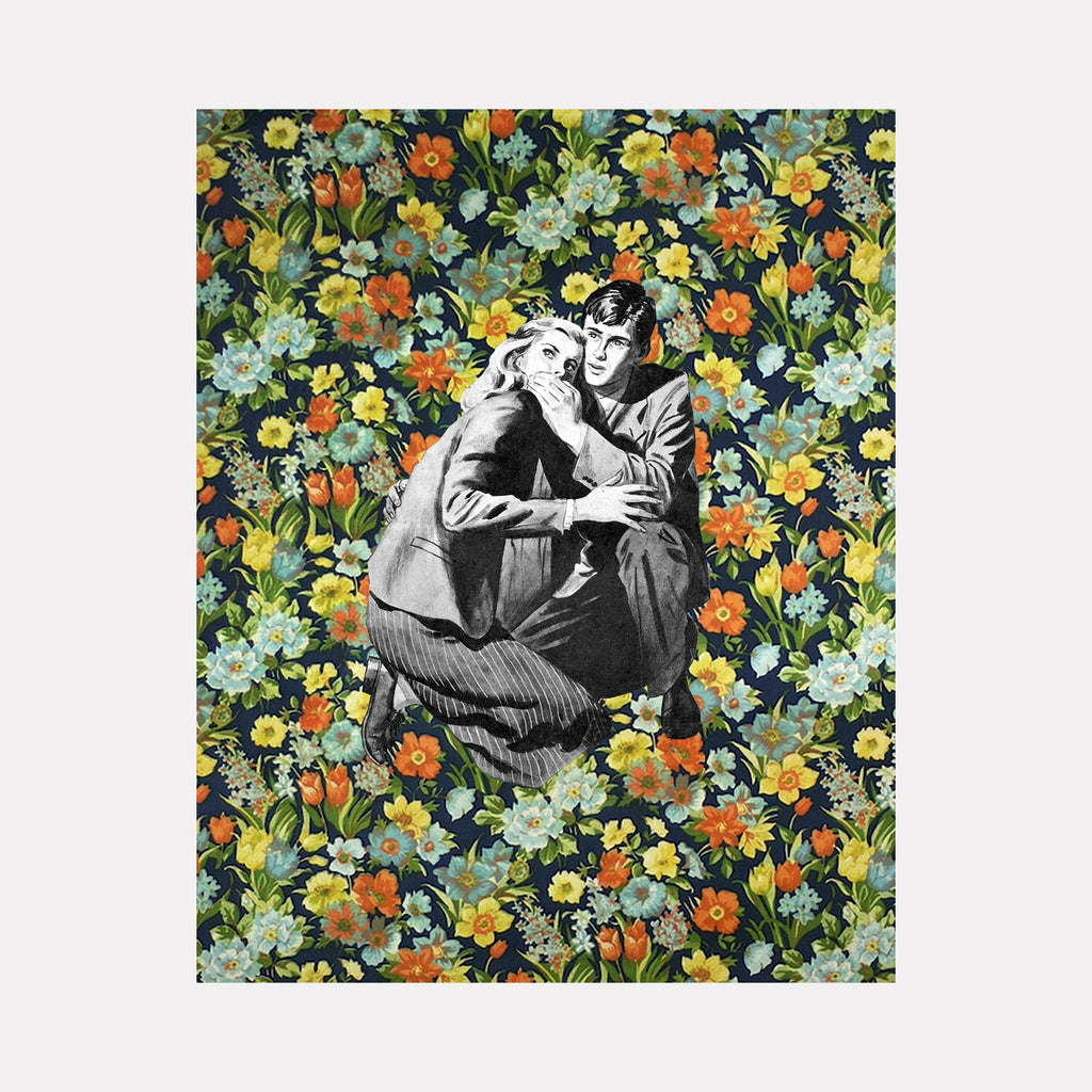 The artwork "Shush" features a detailed black-and-white illustration of two figures embracing, set against a vivid, densely packed floral background with orange, yellow, and blue flowers on dark green foliage. The contrast highlights the intimate moment amidst nature's vibrant colors and textures. By Theresa Gooby.