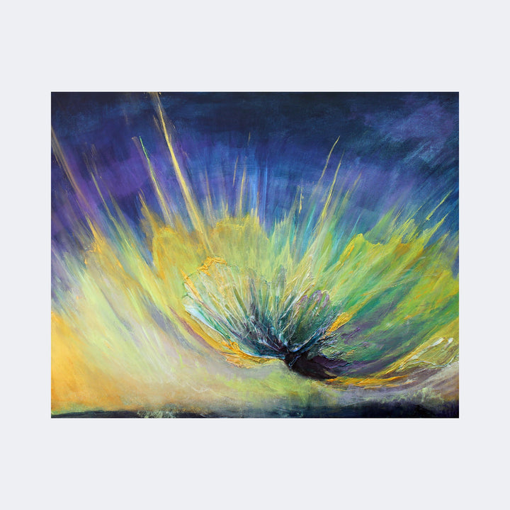 The artwork "Singularity" by Carla Forrest features an abstract, dynamic burst of color with radiant yellow, green, and blue hues blending into deep indigo and violet tones. The composition evokes energy and movement reminiscent of works by Helen Frankenthaler with sweeping brushstrokes and layered textures that create depth and a sense of cosmic emergence.