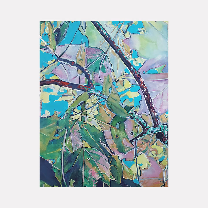 The artwork "Maple" by Jane E. Skafte features a detailed close-up of maple leaves and branches rendered in vibrant shades of green, blue, purple, and yellow with textured layering and abstract brushstrokes, evoking a sense of natural complexity and artistic expression.