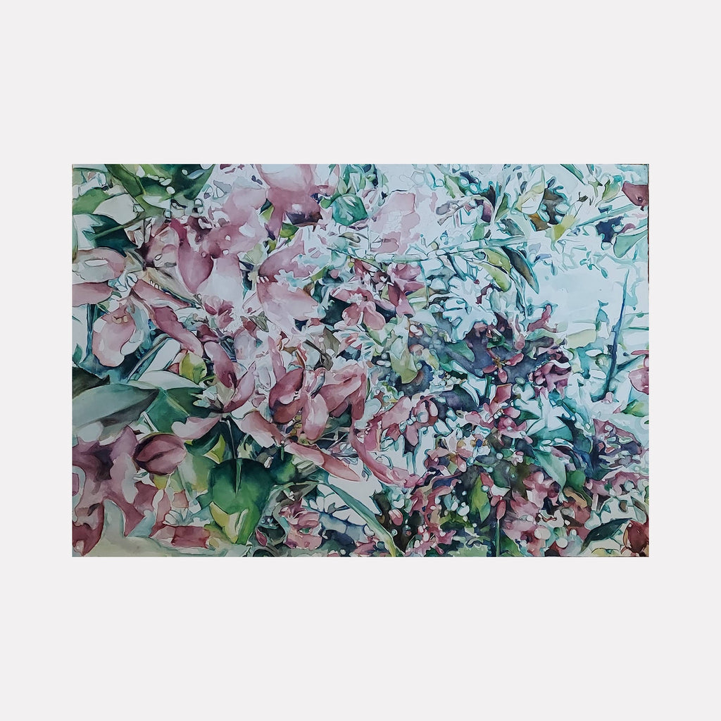 The artwork "April" features a delicate composition of blooming flowers and lush green leaves in soft pastel pinks and vibrant greens, rendered in a fluid, impressionistic style with watercolor textures that evoke a fresh spring atmosphere. The intricate layering of petals and foliage creates depth and movement in the piece. By Jane E. Skafte.