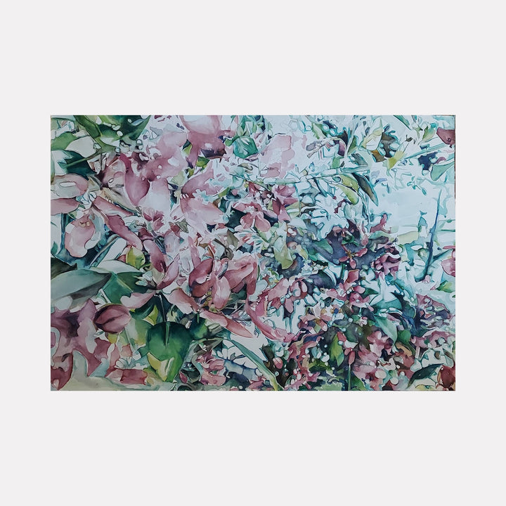 The artwork "April" features a delicate composition of blooming flowers and lush green leaves in soft pastel pinks and vibrant greens, rendered in a fluid, impressionistic style with watercolor textures that evoke a fresh spring atmosphere. The intricate layering of petals and foliage creates depth and movement in the piece. By Jane E. Skafte.