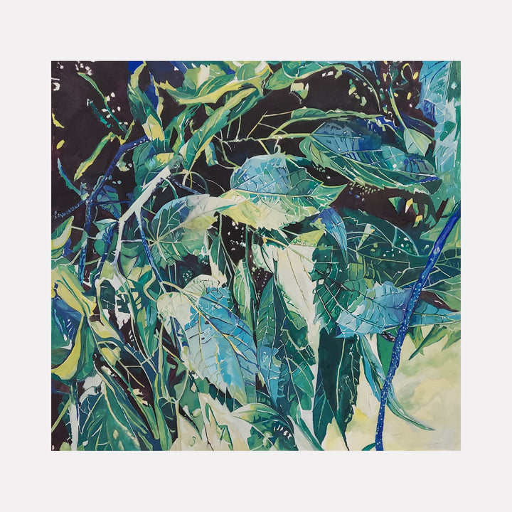The artwork "Butterfly Bush in Shadow" by Jane E. Skafte depicts an intricate collection of butterfly bush leaves in varying shades of green and blue, with detailed veins and shadows creating depth and texture. The style combines realism with painterly brushstrokes, emphasizing light and shadow contrasts. Jane E. Skafte.