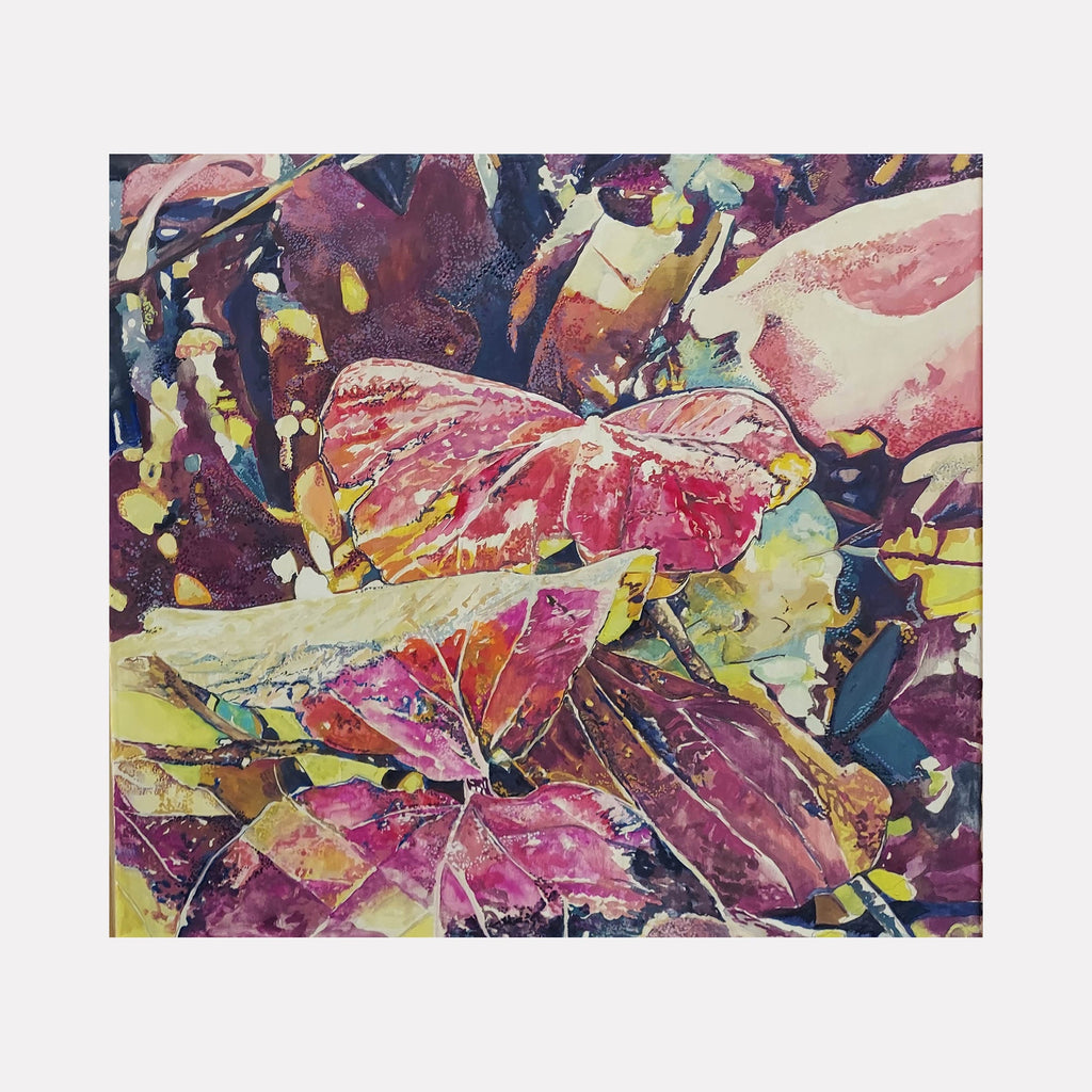 The artwork "Denver Botanic Garden" by Jane E. Skafte features a detailed close-up of overlapping autumn leaves in rich shades of pink, purple, yellow, and green. The textured, layered composition captures the organic forms and veins of the leaves with a naturalistic yet vibrant artistic style, emphasizing depth and color variation.