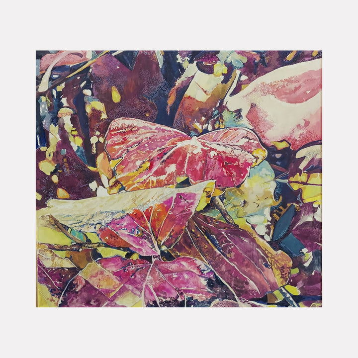 The artwork "Denver Botanic Garden" by Jane E. Skafte features a detailed close-up of overlapping autumn leaves in rich shades of pink, purple, yellow, and green. The textured, layered composition captures the organic forms and veins of the leaves with a naturalistic yet vibrant artistic style, emphasizing depth and color variation.