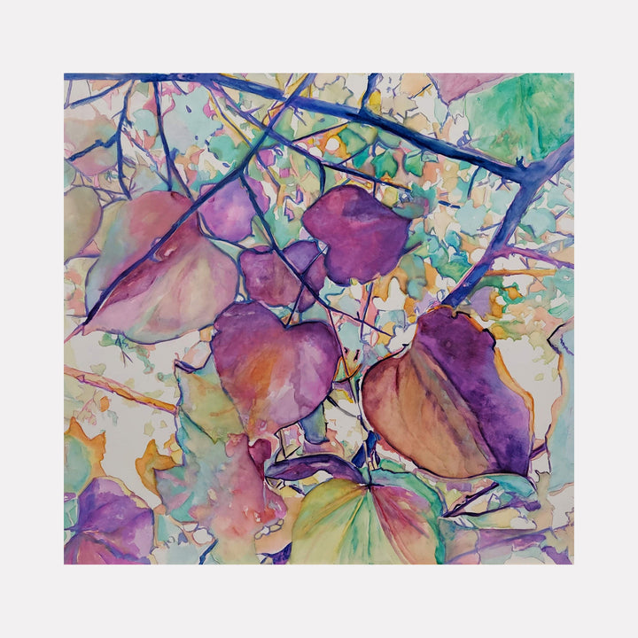 The artwork "Heart shaped leaves" by Jane E. Skafte depicts a delicate arrangement of heart-shaped leaves in varying shades of purple, pink, green, and orange, with soft watercolor textures and intricate branch details, creating a vibrant and naturalistic composition inspired by autumn foliage. Jane E. Skafte.