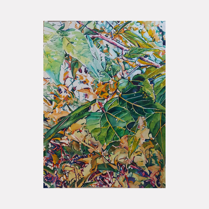 The artwork "June Sunlight" features a vibrant composition of lush green and golden leaves intertwined with branches, capturing the intricate textures and interplay of light and shadow in a natural setting. The detailed, impressionistic style highlights the warmth and energy of sunlight filtering through foliage. By Jane E. Skafte.