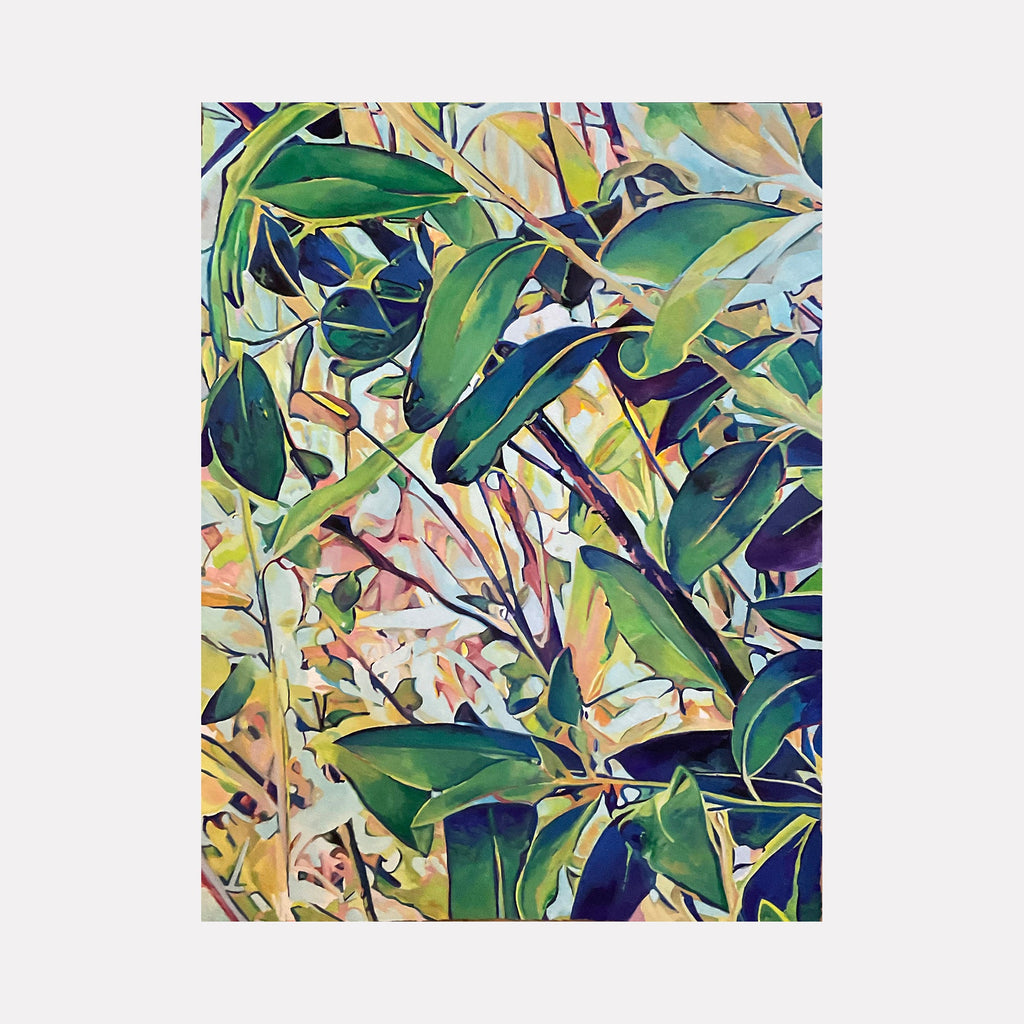 The artwork "Olive Tree" by Jane E. Skafte features a vibrant depiction of dense olive tree foliage with various shades of green leaves interwoven with branches against a softly blurred background of warm tones. The painting showcases a rich blend of colors and textures in an impressionistic style. Jane E. Skafte
