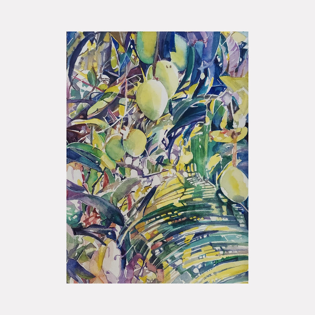 The artwork "Palm in Florida" by Jane E. Skafte features a vibrant watercolor depiction of palm tree leaves and hanging green fruits with rich hues of green, yellow, purple, and blue. The intricate textures and layered brushstrokes convey a lush tropical atmosphere. The piece combines natural forms with an expressive, fluid style by Jane E. Skafte.