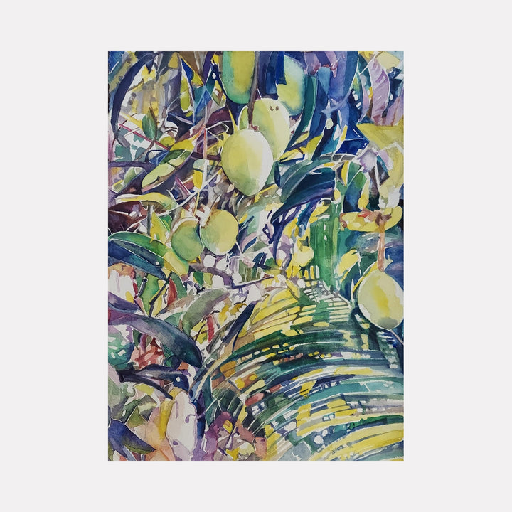 The artwork "Palm in Florida" by Jane E. Skafte features a vibrant watercolor depiction of palm tree leaves and hanging green fruits with rich hues of green, yellow, purple, and blue. The intricate textures and layered brushstrokes convey a lush tropical atmosphere. The piece combines natural forms with an expressive, fluid style by Jane E. Skafte.