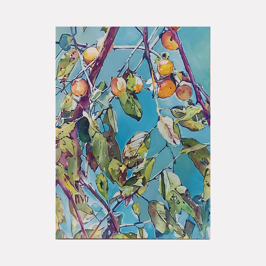 The artwork "Persimmon Tree" by Jane E. Skafte depicts a detailed and vibrant representation of persimmon fruits clustered on branches with green and brown leaves against a clear blue sky background, showcasing rich textures and natural colors in a delicate, painterly style.