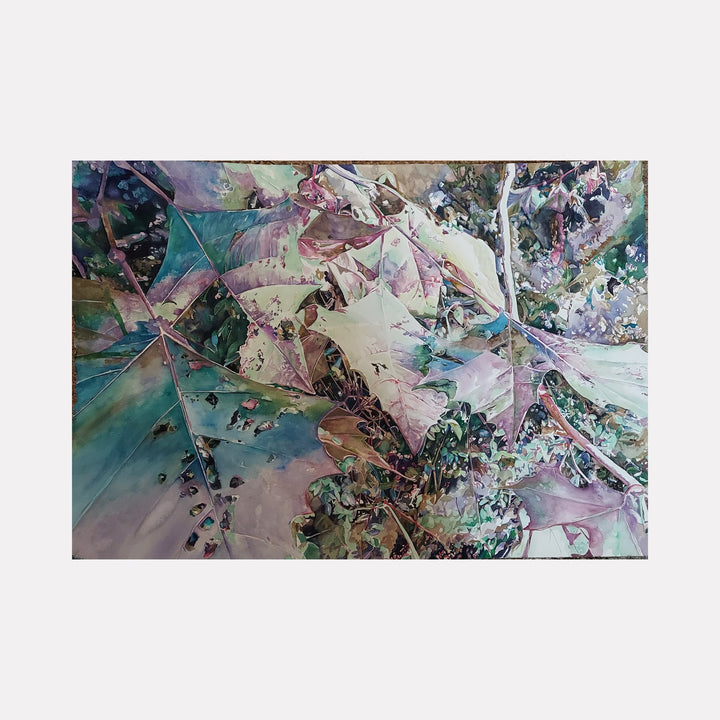 The artwork "Sycamore" by Jane E. Skafte features an intricate composition of overlapping sycamore leaves in muted tones of green, purple, and beige with delicate textural details that highlight natural decay and veins, creating an abstract, organic pattern with a soft, painterly style. Jane E. Skafte.