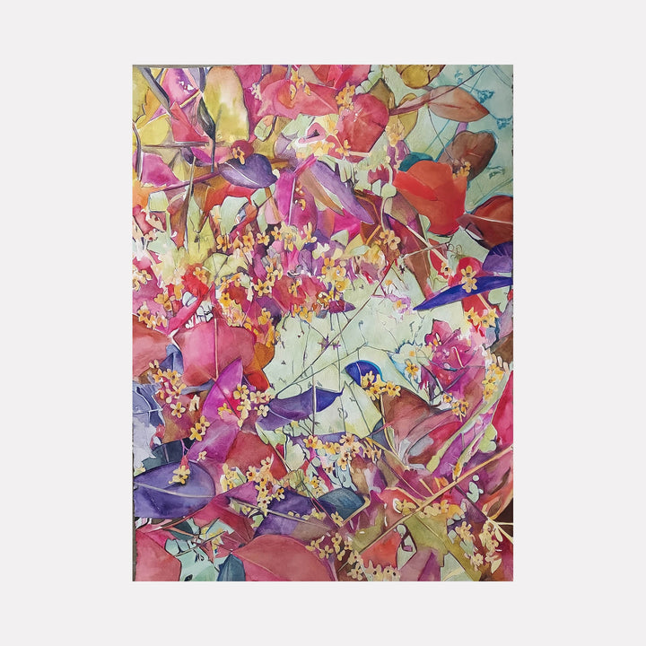 The artwork "Tree in Bloom" by Jane E. Skafte features a vibrant composition of colorful leaves and delicate blossoms in shades of pink, purple, red, yellow, and green. The painting showcases intricate textures and organic shapes with a watercolor style, evoking the lively essence of spring. Jane E. Skafte.
