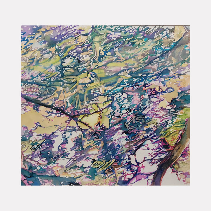 The artwork "Wind" by Jane E. Skafte features an abstract composition with flowing, organic shapes resembling branches and leaves intertwined with swirling patterns. Soft pastel colors of blue, green, yellow, and purple blend harmoniously, creating a sense of movement and airiness, evoking the essence of a gentle breeze.