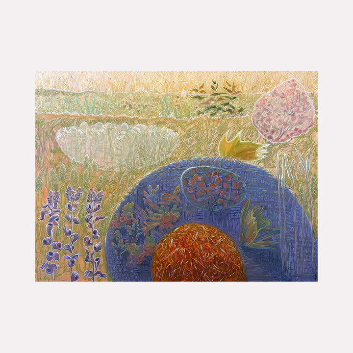 The artwork "Skunk Canyon Meadow #2" by Gina Blickenstaff in gallery position 1 presents an abstract meadow scene with layered textures and a soft earth-toned palette featuring pale yellows, muted greens, and delicate purples. The composition’s textured brushwork and organic shapes evoke the dreamlike landscapes of Paul Cézanne and the subtle abstraction of Georgia O’Keeffe.