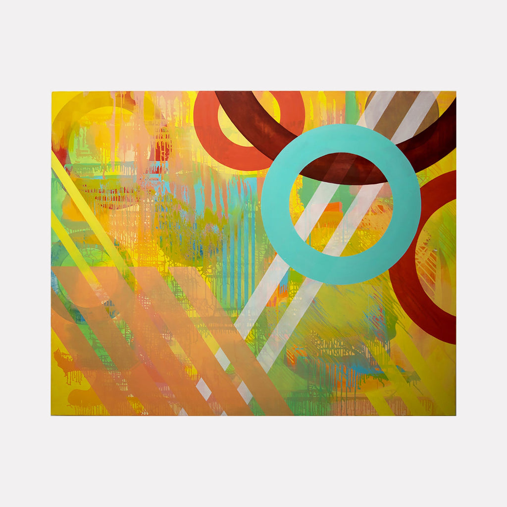 The artwork "Slice" by Linda Schmidt features a vibrant abstract composition with bold overlapping circles and diagonal stripes in turquoise, rust, and soft beige against a textured yellow and green background. The layered geometric forms and dynamic color contrasts evoke the modernist abstraction of Sonia Delaunay and the color field subtlety of Ellsworth Kelly.