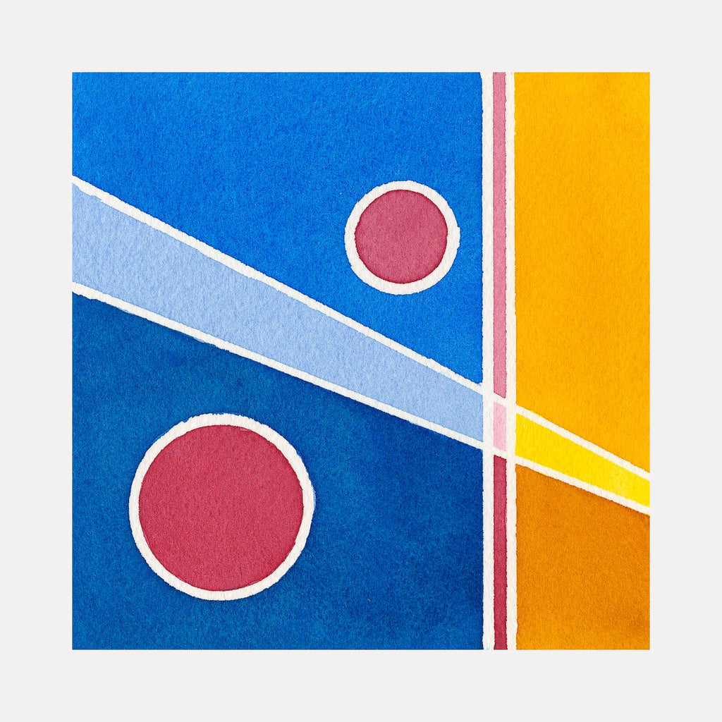 The artwork 'Slice of Warmth' by Arthur Norcome features a geometric abstract watercolor composition with two pink circles against a vibrant blue background, intersected by light blue and white diagonal lines, with a bold yellow-orange section in the corner. The 5x5 inch piece showcases clean lines and precise color blocking in a minimalist style.