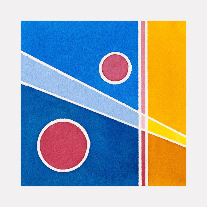 The artwork 'Slice of Warmth' by Arthur Norcome features a geometric abstract watercolor composition with two pink circles against a vibrant blue background, intersected by light blue and white diagonal lines, with a bold yellow-orange section in the corner. The 5x5 inch piece showcases clean lines and precise color blocking in a minimalist style.