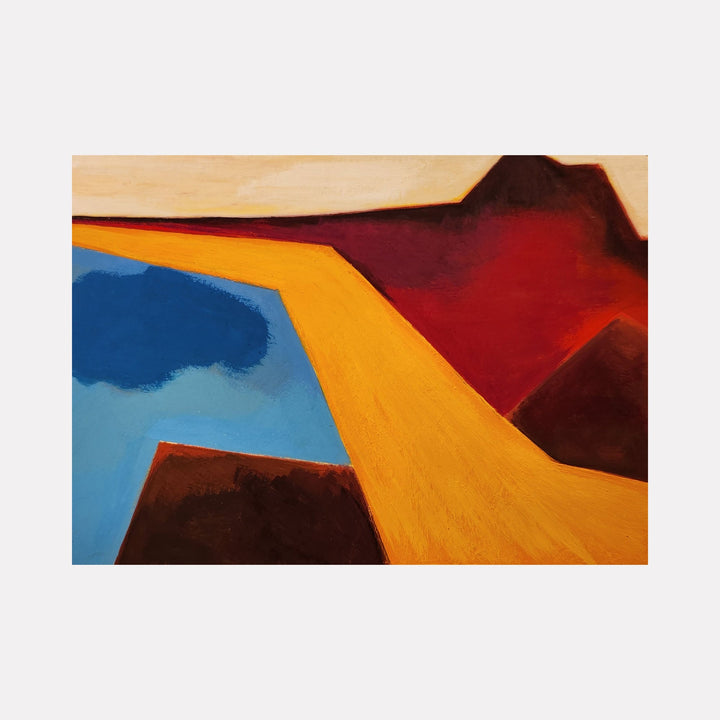 The artwork 'Slide Again' features bold geometric shapes in vibrant colors: a striking golden yellow diagonal form contrasts with deep burgundy and brown angular sections, set against a bright blue area. The composition suggests an abstract landscape painted in acrylic gouache with clean, sharp edges and rich color saturation by Joanie Flickinger.