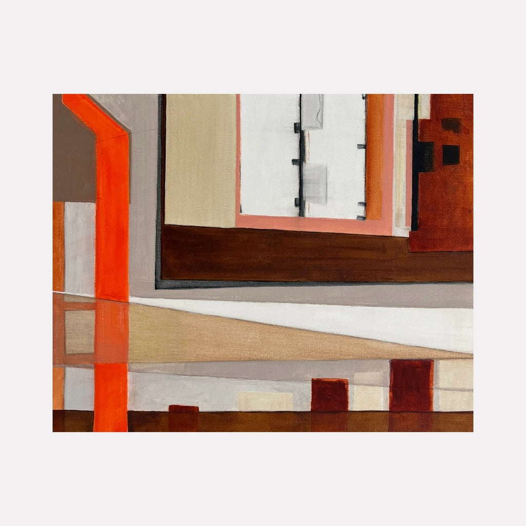 Slippery Slope by Cora Jane Glasser presents a geometric abstract art piece in warm browns, soft beiges, and bold orange accents, featuring layered rectangular shapes and intersecting lines that create a structured yet dynamic composition with a modern, architectural feel.