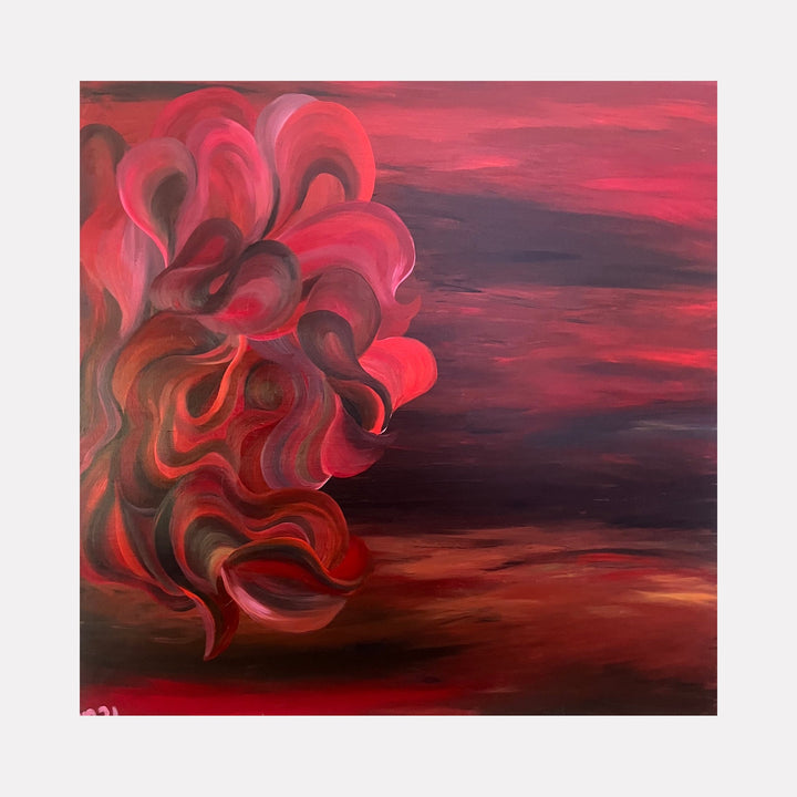 The artwork "Slow Burn" by Kim Rosebud features swirling abstract shapes in shades of red, pink, and dark brown, creating a dynamic, flame-like composition against a textured, deep red and maroon background. Painted in acrylic, this 36 by 36 inch piece evokes warmth and movement. Kim Rosebud.