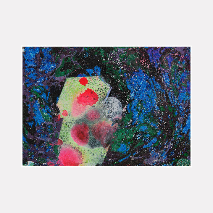 The artwork 'Small Moon Decides' by Millie Benson features an abstract celestial composition with vibrant red circular forms floating on a pale yellow surface, surrounded by deep cosmic blues and emerald greens. Created using gouache and spray paint, the piece showcases a textured, spattered effect reminiscent of a cosmic nebula or celestial phenomenon.