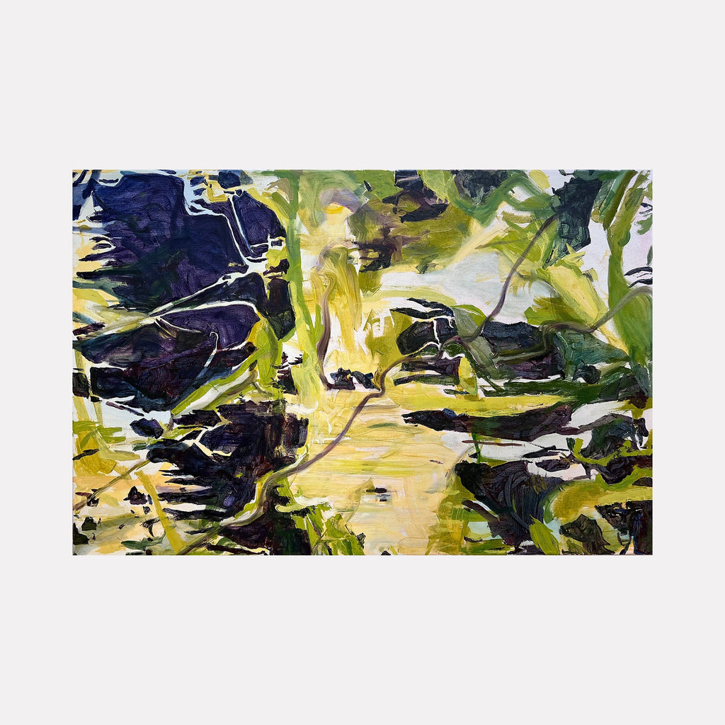 The artwork "Snag" by Catherine Webb features an abstract landscape with layered brushstrokes in deep greens, yellows, and dark purples, creating a dynamic interplay of organic shapes and textures. The expressive style recalls the fluid abstraction of Joan Mitchell and the color intensity found in early works by Willem de Kooning.