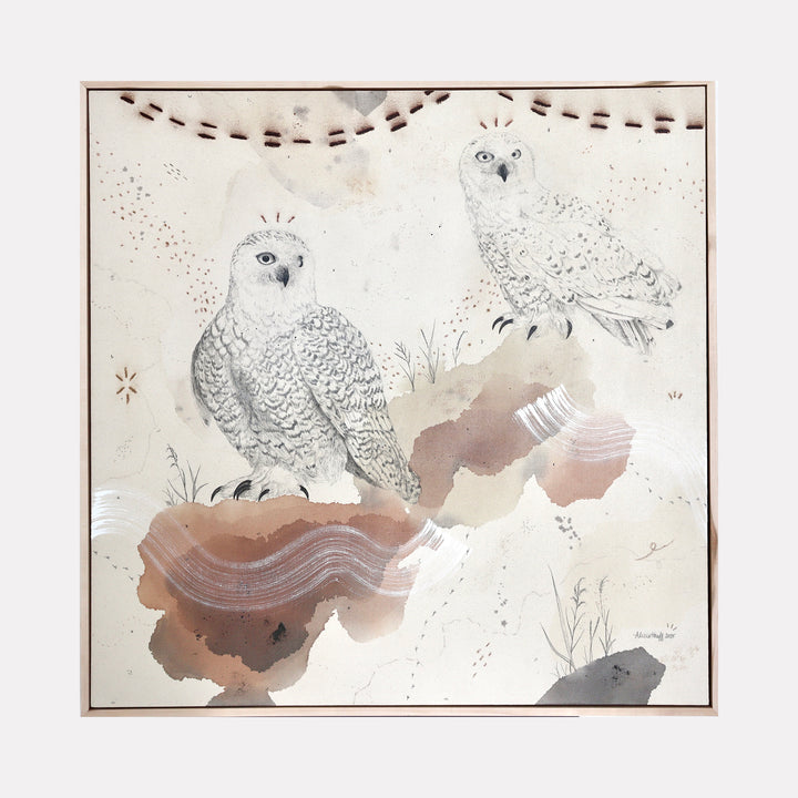 The artwork "Snowy Owl, Otherworldly and Ancient" features two intricately detailed snowy owls perched on abstract, earth-toned shapes with textured brushstrokes and subtle dot patterns, evoking a mystical, ancient atmosphere reminiscent of naturalist sketches and the delicate style of Albrecht Dürer. Presented by Alicia Hauff.