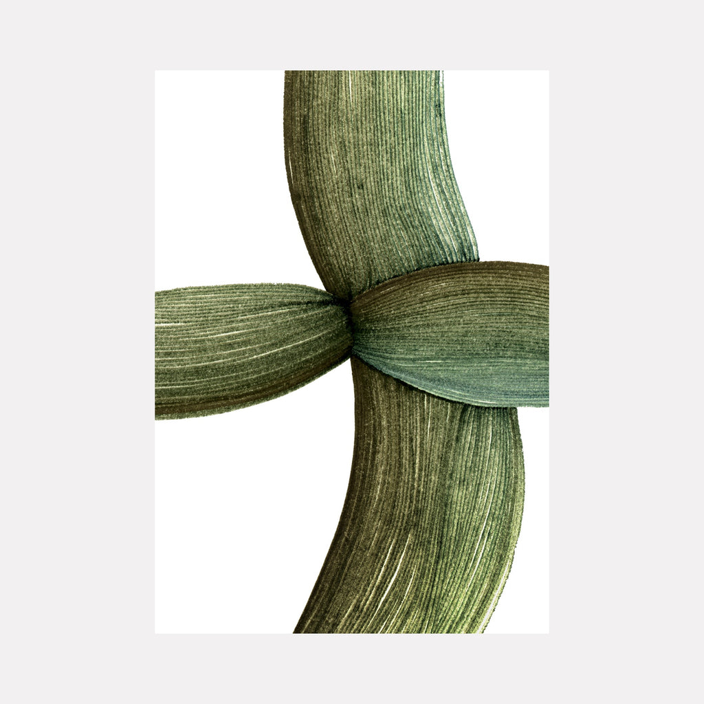 The artwork "Soft Exposure" by Alina Glotova features an abstract composition of overlapping, elongated green brushstrokes with subtle textural lines that create a sense of gentle movement and organic flow. The minimalist design and muted color palette evoke the meditative abstraction seen in works by Agnes Martin and Ellsworth Kelly.