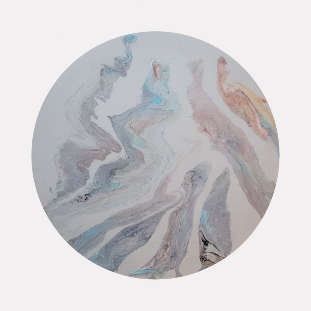 Soft Love by Swann Freslon presents a circular abstract design with soft, flowing lines in muted shades of blue, gray, blush, and warm earth tones, blending delicate marbled textures that evoke a serene, gentle movement and a harmonious, peaceful ambiance within a contemporary artistic style.
