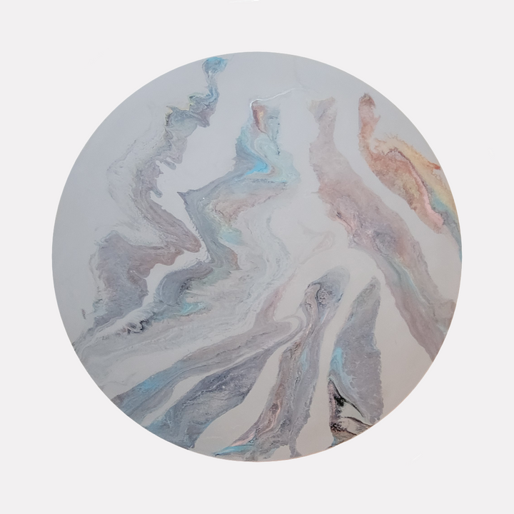 Soft Love by Swann Freslon presents a circular abstract design with soft, flowing lines in muted shades of blue, gray, blush, and warm earth tones, blending delicate marbled textures that evoke a serene, gentle movement and a harmonious, peaceful ambiance within a contemporary artistic style.