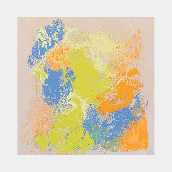 The artwork "Soft Marsh Under the Clouds 1" by Cole Douglas features an abstract composition with soft, textured patches of pastel yellow, sky blue, muted orange, and pale green against a neutral beige background. The layered, organic shapes and delicate brushwork evoke the atmospheric abstraction and color sensibility reminiscent of Helen Frankenthaler and early Mark Rothko.