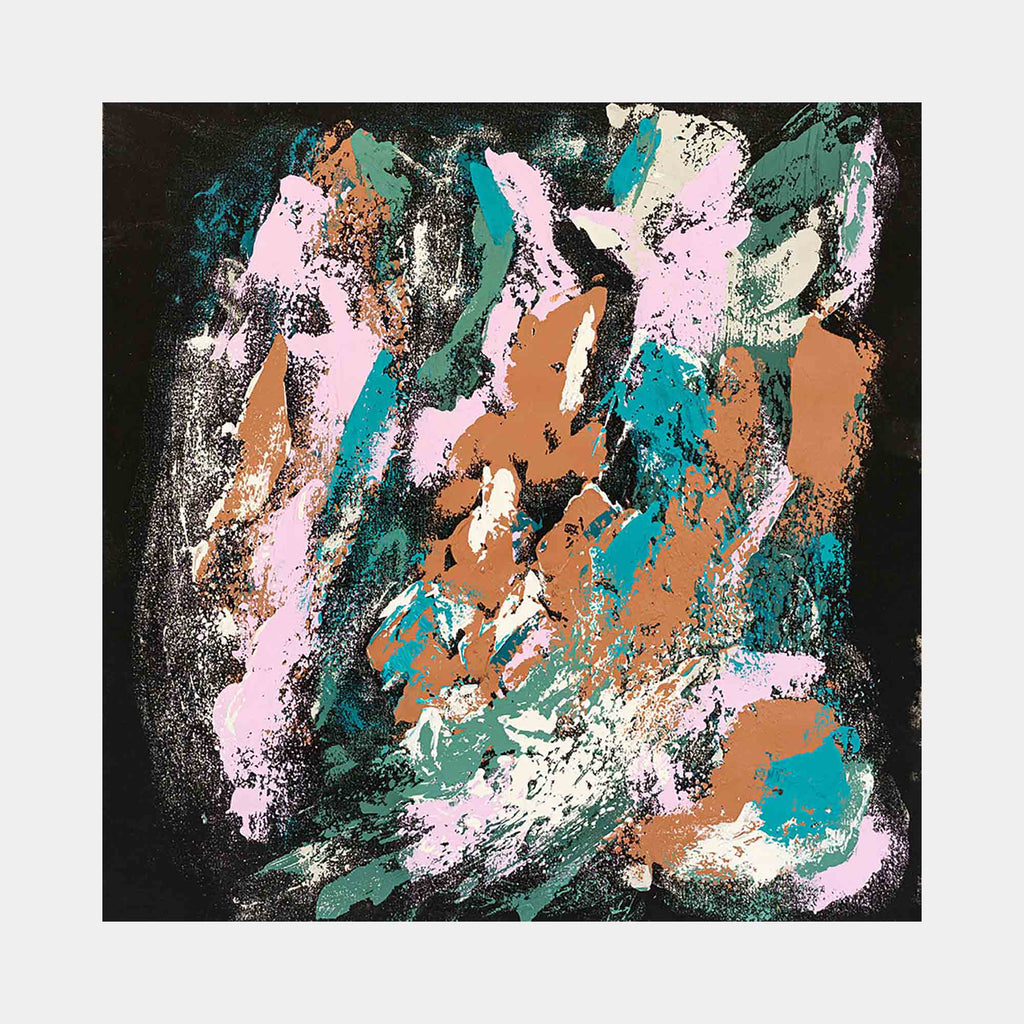 The artwork "Soft Marsh Under the Clouds 2" by Cole Douglas features an abstract composition with textured brushstrokes in muted orange, teal, soft pink, and cream against a deep black background. The layered organic shapes and dynamic contrasts evoke a sense of natural fluidity reminiscent of Helen Frankenthaler and Joan Miró’s expressive abstractions.