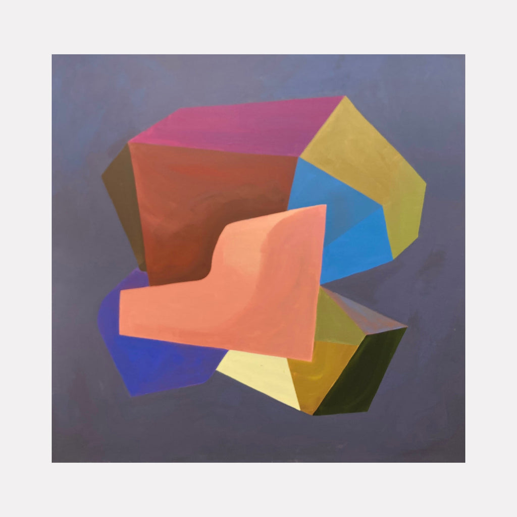 The artwork "Soft Pedal" by Karen Nielsen-Fried features an abstract geometric composition of multifaceted shapes in warm reds, pinks, blues, yellows, and browns against a muted gray background. The textured forms evoke a sense of depth and structure, reminiscent of Cubist abstraction and the bold color blocking found in works by Pablo Picasso and Georges Braque.