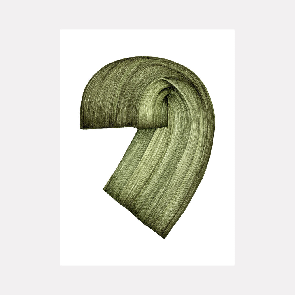 The artwork "Soft Resistance" by Alina Glotova features a minimalist, abstract form in textured shades of green, resembling a folded ribbon or organic shape. Its smooth, flowing lines and subtle tonal shifts evoke the serene abstraction of Ellsworth Kelly and the tactile quality found in Agnes Martin’s works.