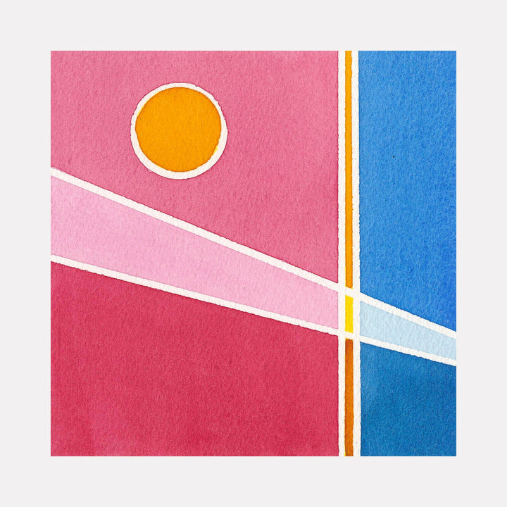 The artwork 'Sol' by Arthur Norcome features a minimalist geometric composition in watercolor, depicting a vibrant orange circle against pink and red color blocks, intersected by clean white lines and contrasting blue sections. The composition suggests a modern, abstract interpretation of a sunset with crisp edges and bold color transitions.