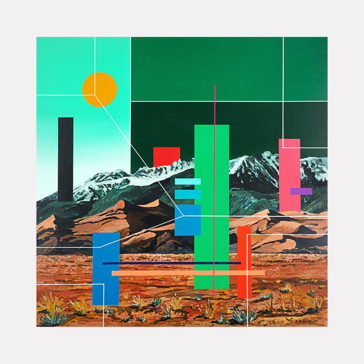 The artwork "Sometimes I Close My Eyes and Imagine You Still Care" by Adam Anglin features a vibrant abstract landscape with geometric shapes including rectangles and lines in bold colors like green, blue, red, pink, and black set against a backdrop of detailed mountains under a turquoise sky with an orange sun. Adam Anglin.