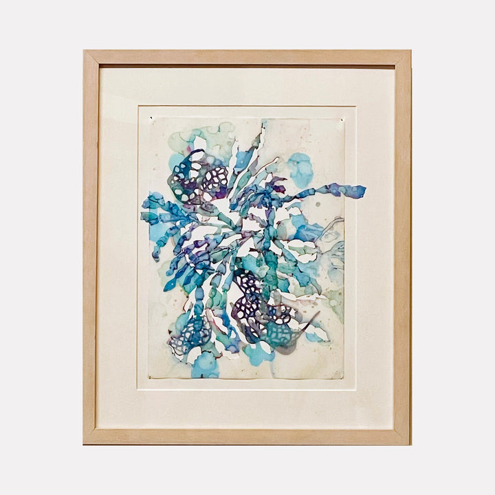 The artwork Beauty of Chaos #8 by Sonomi Kobayashi features an abstract composition with fluid, organic shapes in shades of blue, teal, and purple. The piece uses a watercolor technique with delicate, translucent layers and intricate patterns reminiscent of natural forms. The style evokes similarities to works by Wassily Kandinsky and contemporary abstract artists, blending chaos and harmony.