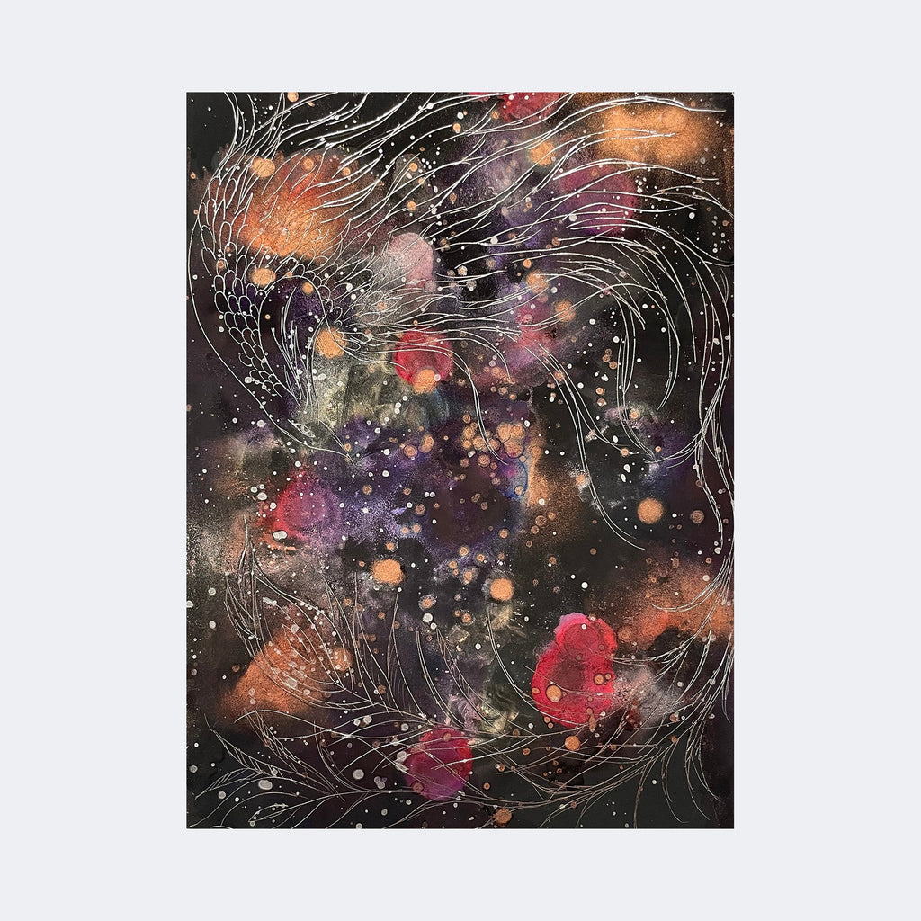 The artwork "Silver Phoenix 1" by Sonomi Kobayashi features an abstract composition with swirling silver lines resembling feathers or flames, layered over a cosmic background of deep blacks, purples, and rich oranges. Splashes of pink and gold add vibrant accents, evoking the ethereal energy of a phoenix. The style echoes the fluidity and dynamism found in works by Joan Miró and Wassily Kandinsky.