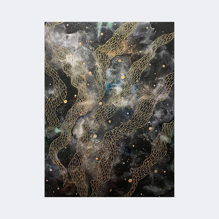 The artwork Rising Golden Dragon 6 by Sonomi Kobayashi features intricate golden dragon scales flowing in sinuous, wave-like patterns over a dark, cosmic background with smoky textures and scattered gold splatters. The style echoes the delicate line work and ethereal qualities found in traditional Japanese ink paintings and echoes abstract expressionism reminiscent of Jackson Pollock’s dynamic splattering technique.