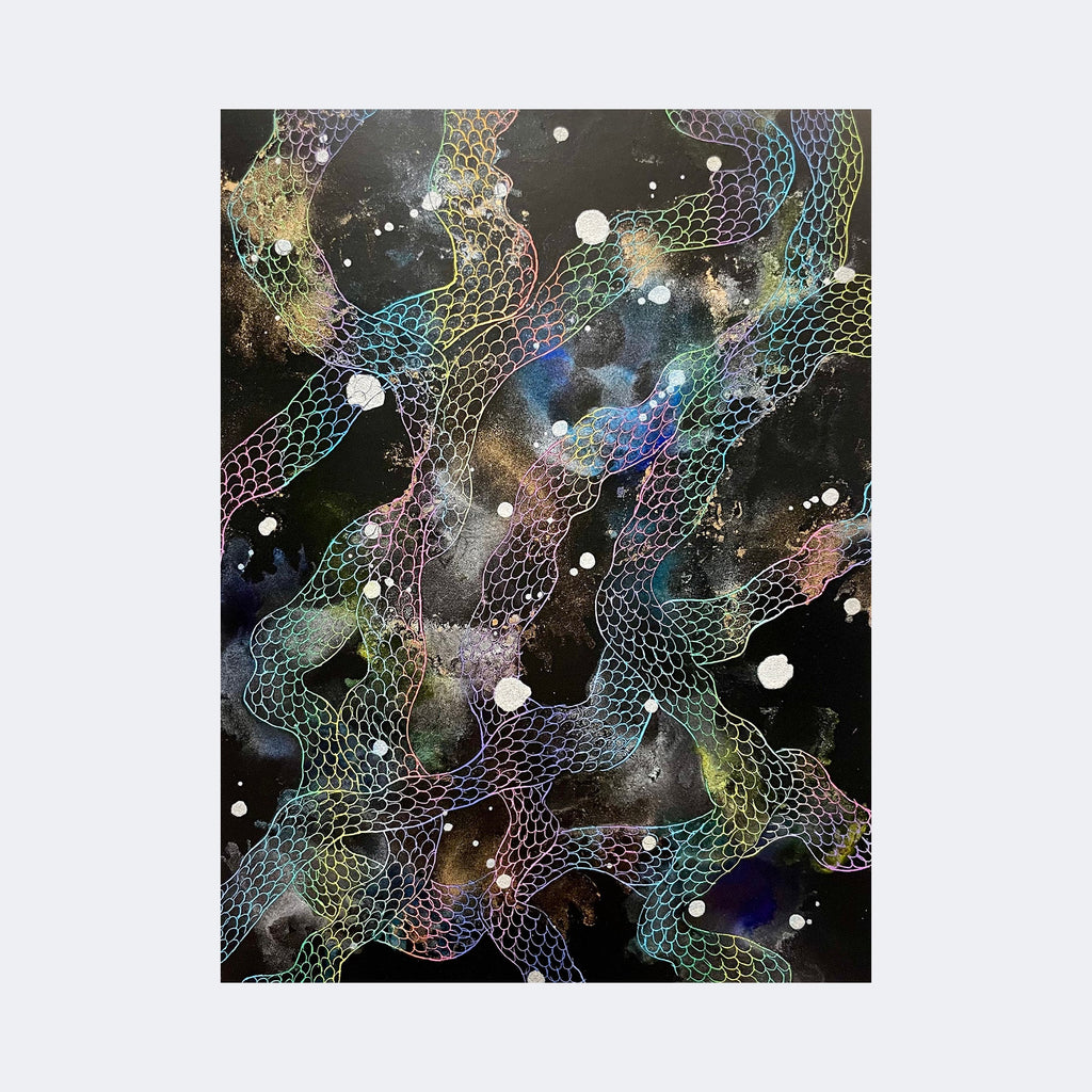 The artwork Rising Rainbow Dragon 7 by Sonomi Kobayashi features intertwining serpentine forms with a delicate scale pattern rendered in a spectrum of pastel rainbow hues against a deep black background. White splatters and cosmic textures evoke a celestial atmosphere. The style combines abstract expressionism with a hint of surrealism, reminiscent of Yayoi Kusama's polka dot motifs and the fluidity found in Helen Frankenthaler's color fields.