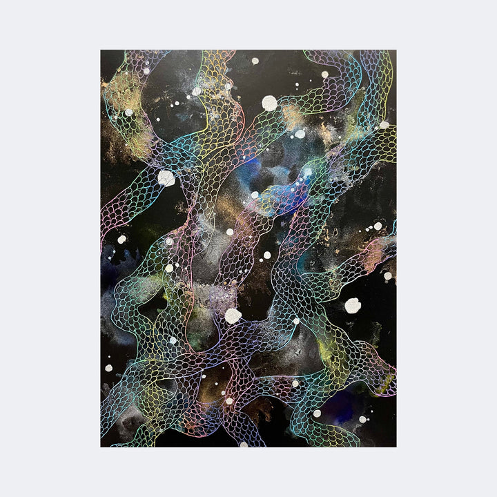 The artwork Rising Rainbow Dragon 7 by Sonomi Kobayashi features intertwining serpentine forms with a delicate scale pattern rendered in a spectrum of pastel rainbow hues against a deep black background. White splatters and cosmic textures evoke a celestial atmosphere. The style combines abstract expressionism with a hint of surrealism, reminiscent of Yayoi Kusama's polka dot motifs and the fluidity found in Helen Frankenthaler's color fields.